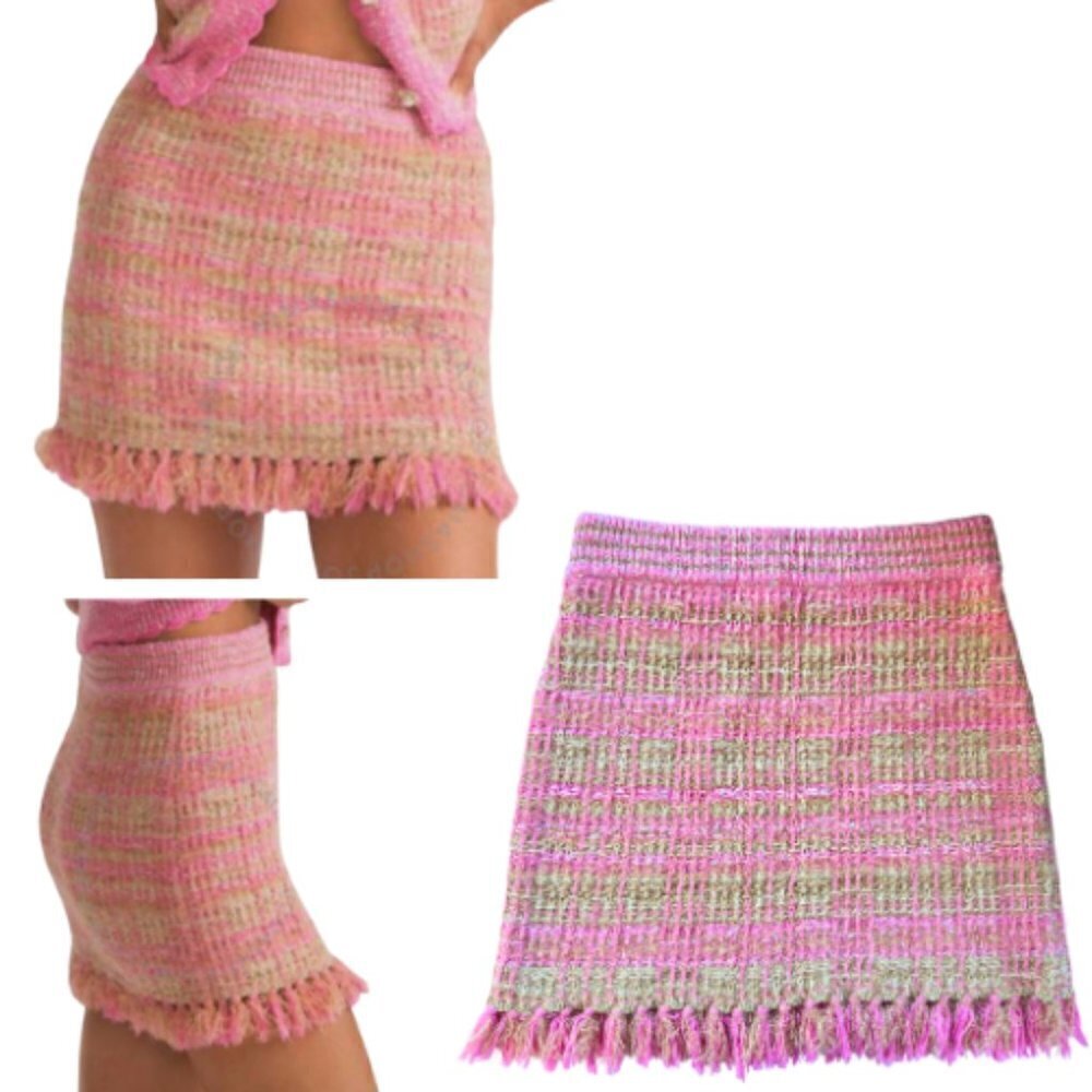 LOVESHACKFANCY Balsam Pink Gold Metallic Majestic Fringe Tweed Skirt Size XS